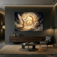 Radiant Angel at Golden Gates Divine Fantasy Canvas Print Wall Art, Heavenly Decor - Mockup Display 13