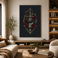 Gothic Snake & Skull Sword with Red Roses Illustrative Canvas Print Wall Art, Dark Fantasy Decor - Mockup Display 14