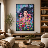 Woman in Wildflowers Oil Painting Style Canvas Print Wall Art with Vibrant Hues - Mockup Display 14