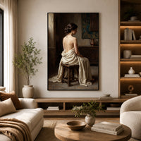 Serene Draped Woman Classical Oil Painting Style Canvas Print Wall Art for Elegance - Mockup Display 14