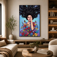 Vibrant Pop Art Woman with Flowers & Butterflies Canvas Print Wall Art Décor - Mockup Display 14