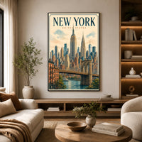 New York City Vintage Illustration Skyline Brooklyn Bridge Canvas Print Wall Art, Iconic - Mockup Display 14