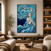 Mystical Water Woman with Koi Fish Oil Painting Style Canvas Print Wall Art Serene - Mockup Display 14