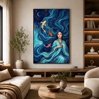 Mystical Asian Woman Koi Fish Oil Painting Style Canvas Print Wall Art, Elegant Decor - Mockup Display 14
