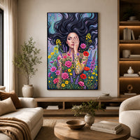 Mystic Woman Floral Canvas Print Wall Art with Flowing Hair, Vibrant Garden Style - Mockup Display 14