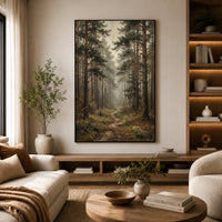 Misty Pine Forest Pathway Oil Painting Style Canvas Print Wall Art, Serene Decor - Mockup Display 14