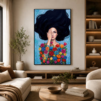 Vibrant Floral Woman Oil Painting Style Canvas Print Wall Art, Expressive Decor - Mockup Display 14