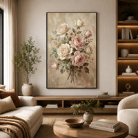 Romantic Blush & Cream Roses Oil Painting Style Canvas Print Wall Art, Elegant Home Decor - Mockup Display 14