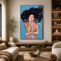 Enchanting Floral Woman Illustration Canvas Print Wall Art, Serene Beauty - Mockup Display 14