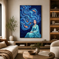 Elegant Woman with Flowing Water Hair Koi Fish Artistic Canvas Print Wall Art - Mockup Display 14