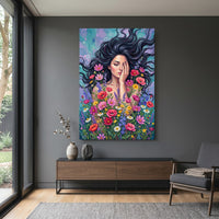 Woman in Wildflowers Oil Painting Style Canvas Print Wall Art with Vibrant Hues - Mockup Display 15