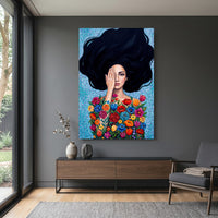 Vibrant Floral Woman Oil Painting Style Canvas Print Wall Art, Expressive Decor - Mockup Display 15