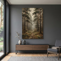 Misty Pine Forest Pathway Oil Painting Style Canvas Print Wall Art, Serene Decor - Mockup Display 15