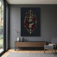 Gothic Snake & Skull Sword with Red Roses Illustrative Canvas Print Wall Art, Dark Fantasy Decor - Mockup Display 15
