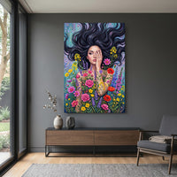 Mystic Woman Floral Canvas Print Wall Art with Flowing Hair, Vibrant Garden Style - Mockup Display 15