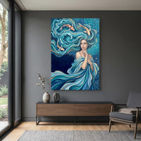 Mystical Water Woman with Koi Fish Oil Painting Style Canvas Print Wall Art Serene - Mockup Display 15