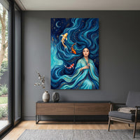 Mystical Asian Woman Koi Fish Oil Painting Style Canvas Print Wall Art, Elegant Decor - Mockup Display 15