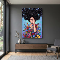 Vibrant Pop Art Woman with Flowers & Butterflies Canvas Print Wall Art Décor - Mockup Display 15