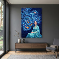 Elegant Woman with Flowing Water Hair Koi Fish Artistic Canvas Print Wall Art - Mockup Display 15