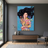 Enchanting Floral Woman Illustration Canvas Print Wall Art, Serene Beauty - Mockup Display 15