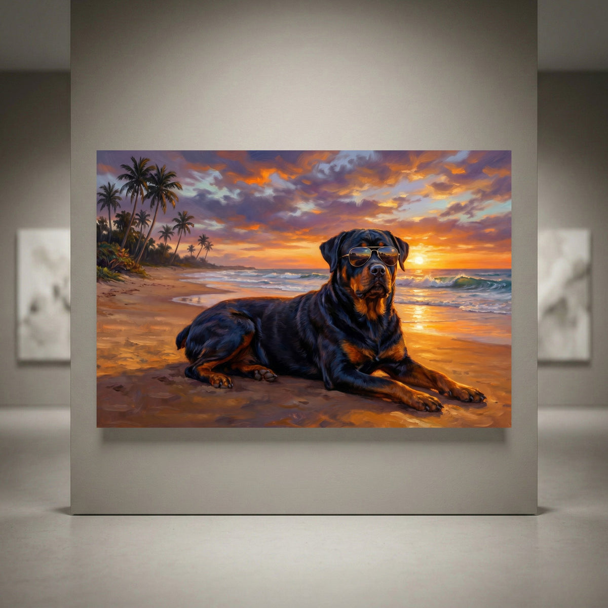 Rottweiler dog wearing sunglasses on a beach at sunset, vibrant oil painting style canvas print.