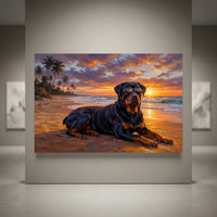 Rottweiler dog wearing sunglasses on a beach at sunset, vibrant oil painting style canvas print.