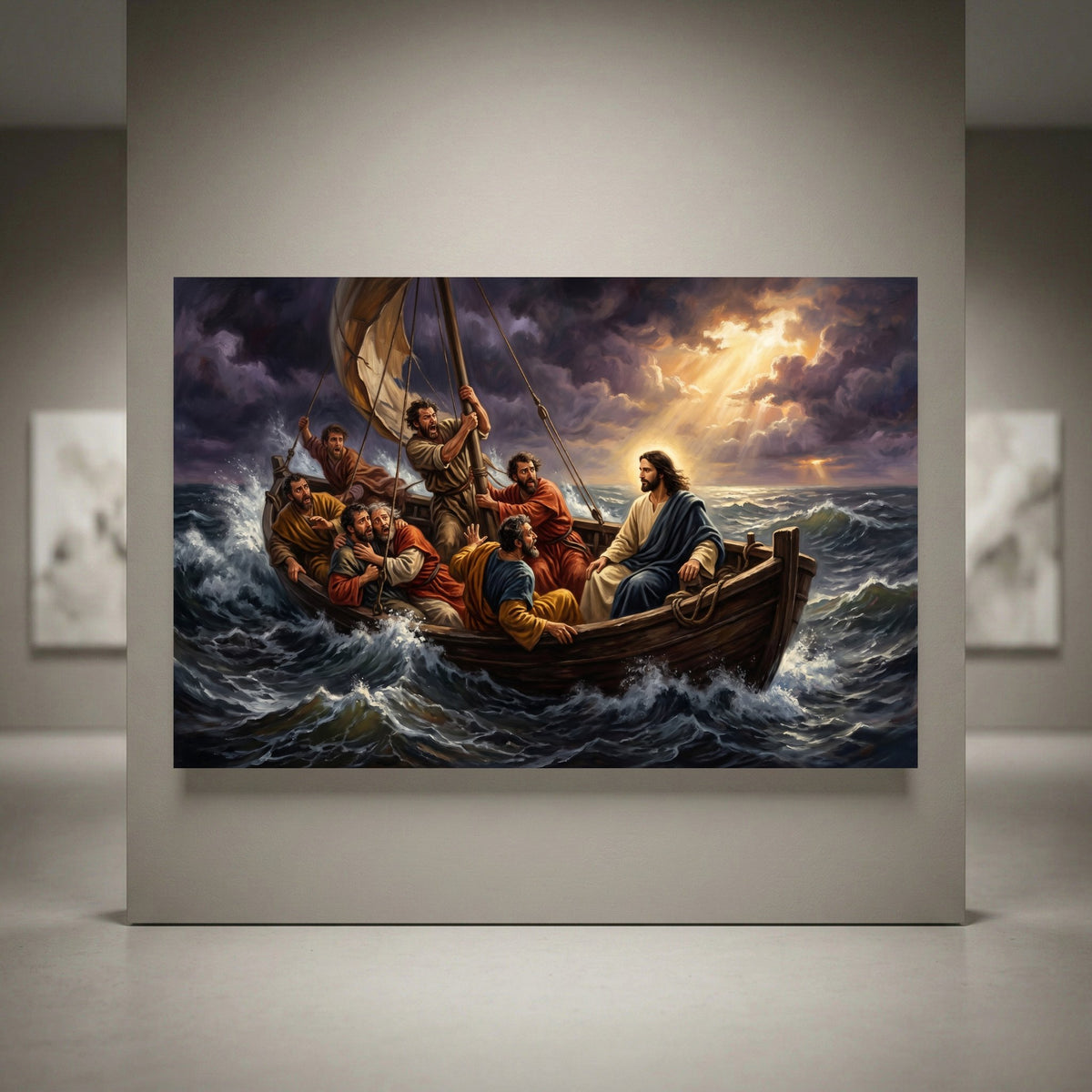 Biblical scene canvas print of Jesus calming a stormy sea with terrified disciples in a boat, dramatic light.