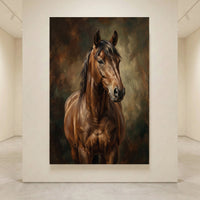 Majestic brown horse portrait canvas print in a classic oil painting style, with expressive brushstrokes and a dark background.