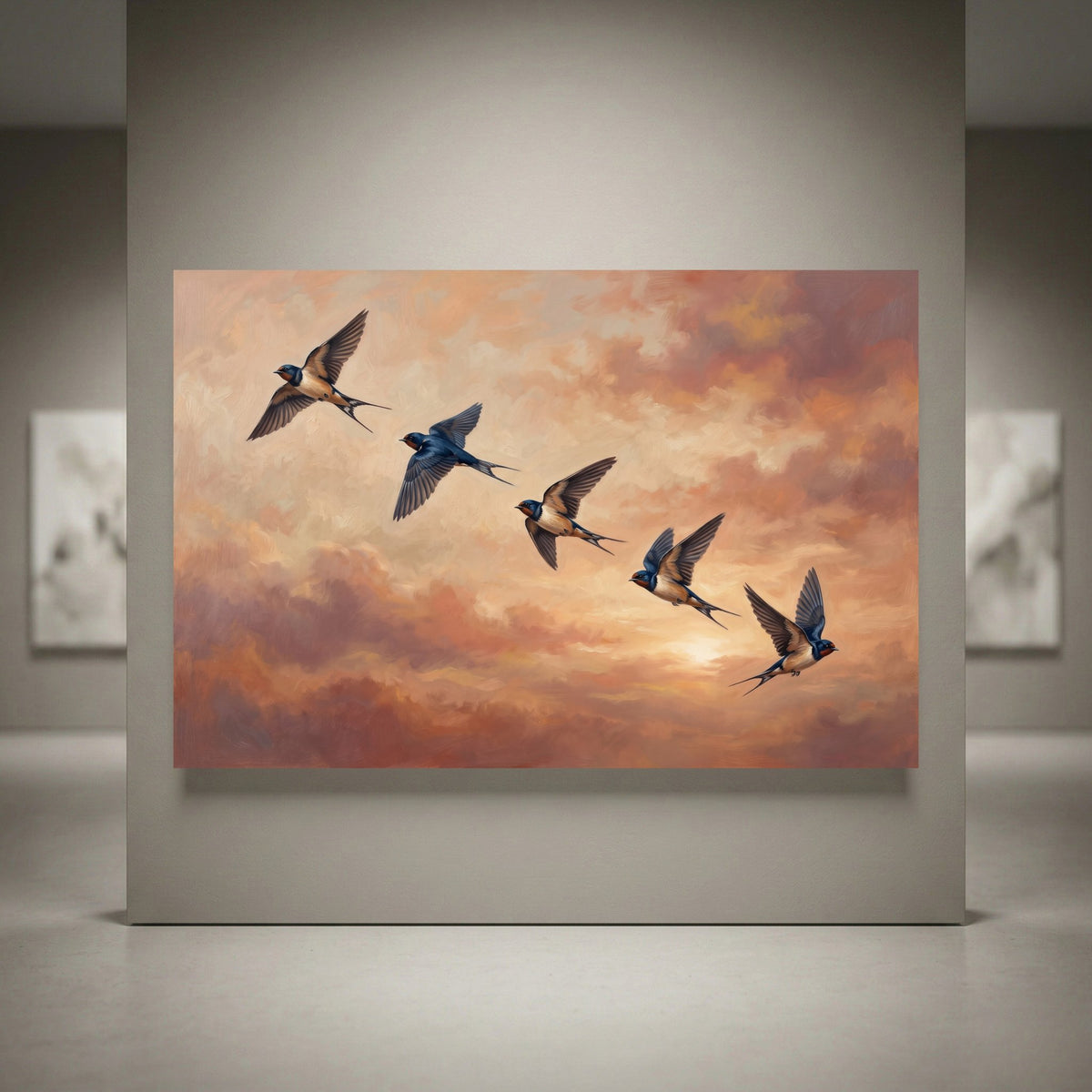 Oil painting style canvas print featuring barn swallows flying across a vibrant sunset or sunrise sky with clouds.