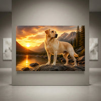 Golden Labrador dog standing on rock by a mountain lake at sunset, pine trees, golden light, realistic oil painting style.