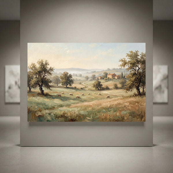 Rustic landscape canvas print depicting rolling hills, farmhouses, trees, and grazing sheep in an oil painting style.