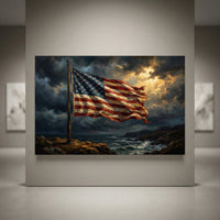 American Flag Coastal Canvas Wall Art, Dramatic Patriotic Seascape Print, Rustic Living Room Decor