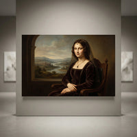 Renaissance style portrait canvas print of a woman similar to Mona Lisa, wearing a dark gown, necklace, and headpiece, with a landscape background.