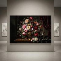 Classical still life canvas print featuring a rich floral bouquet in a golden vase, with red velvet and a silver goblet.
