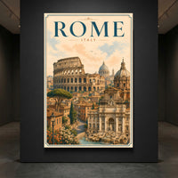 Vintage style Rome, Italy canvas print showing the Colosseum, Trevi Fountain, St. Peter's Basilica, and city architecture.