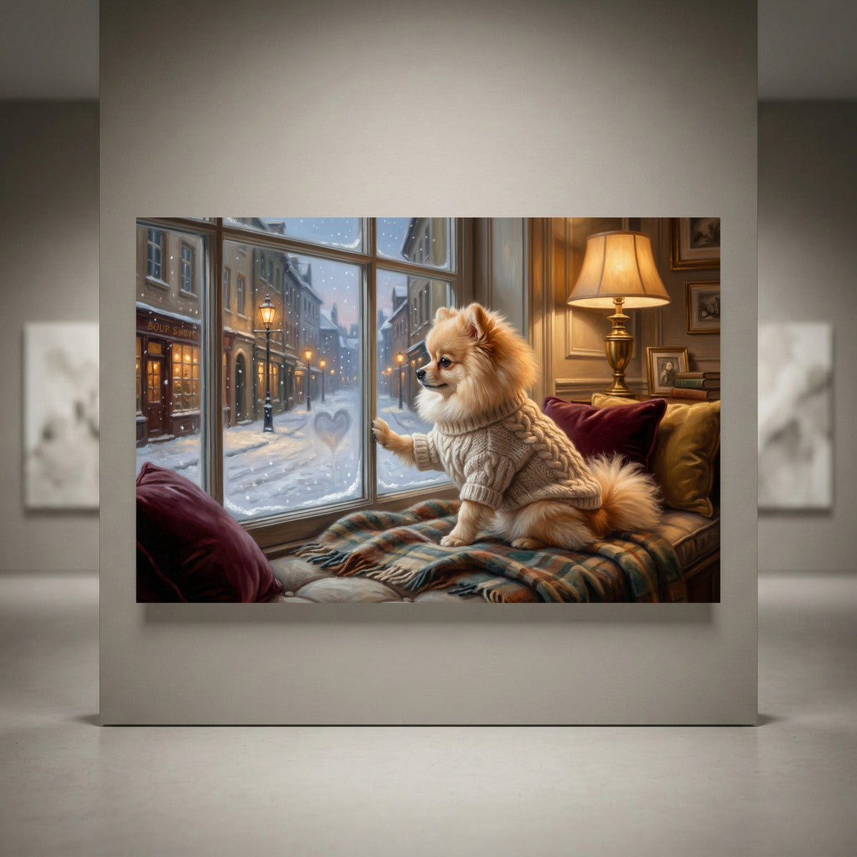 Pomeranian Stretched Canvas Wall Art, Snowy Window Dog Print, Cozy Living Room Decor