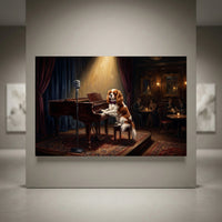 Cavalier King Charles Spaniel dog playing piano on stage in a sophisticated jazz club, oil painting style canvas print.