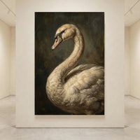 Classical white swan oil painting style canvas print, elegant wildlife art with detailed feathers and dark background.