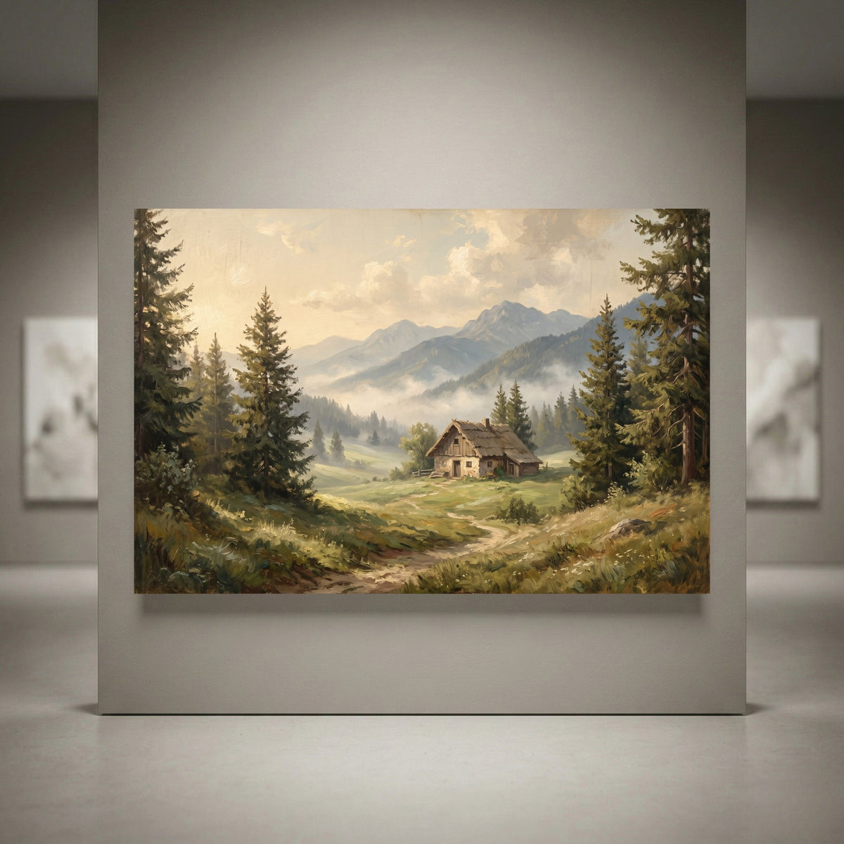 Rustic mountain cabin landscape oil painting style canvas print with evergreen trees, misty valleys, and cloudy sky.