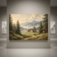 Rustic mountain cabin landscape oil painting style canvas print with evergreen trees, misty valleys, and cloudy sky.