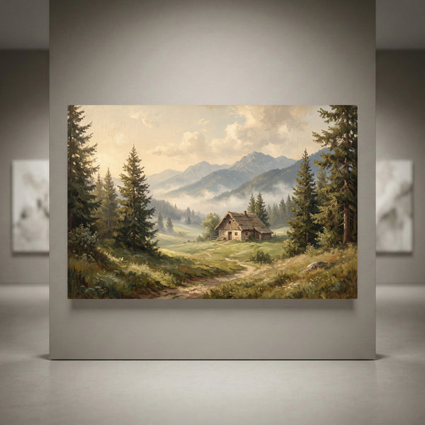 Rustic mountain cabin landscape oil painting style canvas print with evergreen trees, misty valleys, and cloudy sky.