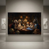 Canine council oil painting style canvas print featuring six dressed dogs in a library, surrounded by books and globes.