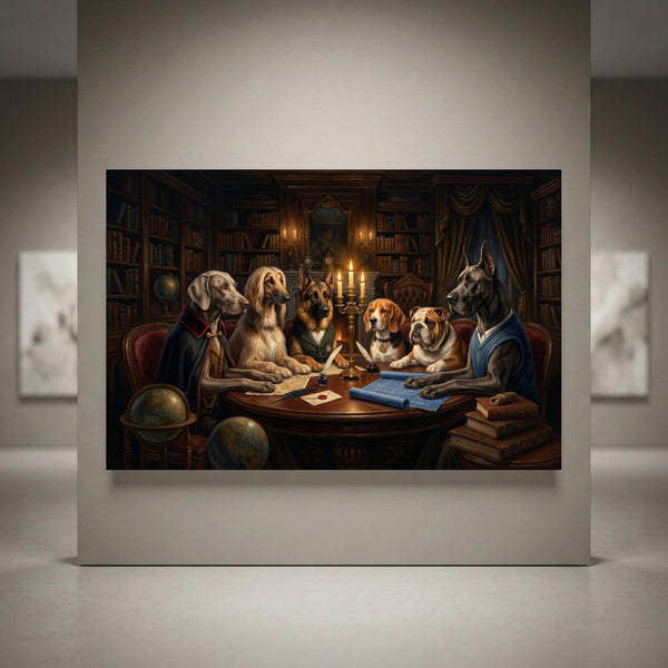 Canine council oil painting style canvas print featuring six dressed dogs in a library, surrounded by books and globes.
