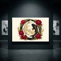 Golden and black koi fish canvas print with red peonies and gold waves in a traditional Japanese art style.