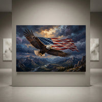 Majestic bald eagle with American flag flying over mountains and river, dramatic sky, oil painting style canvas print wall art.