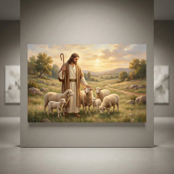 Jesus the Good Shepherd with sheep in a peaceful sunset landscape, realistic oil painting style canvas print.