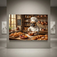 French Bulldog baker in chef hat making pastries in a rustic kitchen, with croissants, tarts, and copper pots.