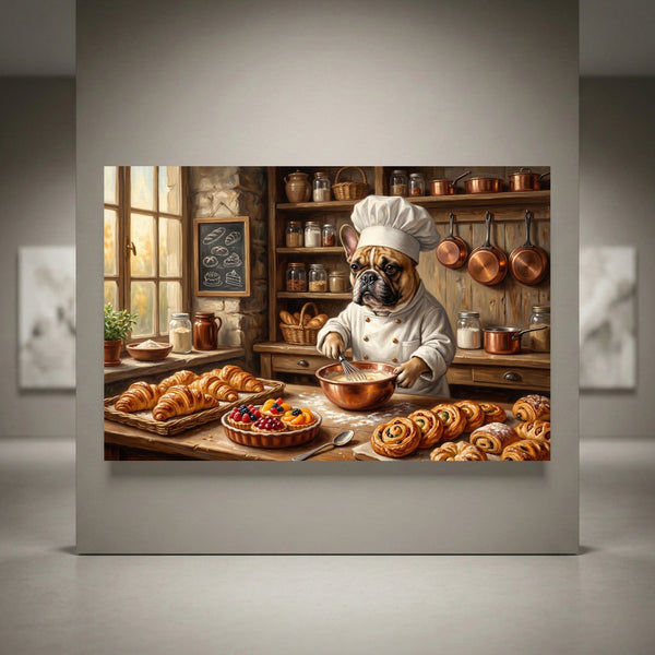 French Bulldog baker in chef hat making pastries in a rustic kitchen, with croissants, tarts, and copper pots.