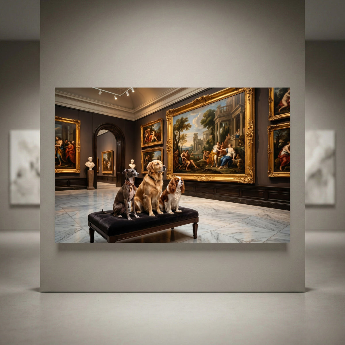 Three dogs, a greyhound, golden retriever, and cavalier, on a bench admiring classical oil painting style art in a museum.