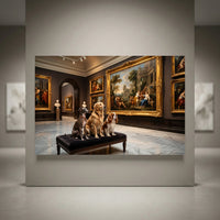 Three dogs, a greyhound, golden retriever, and cavalier, on a bench admiring classical oil painting style art in a museum.